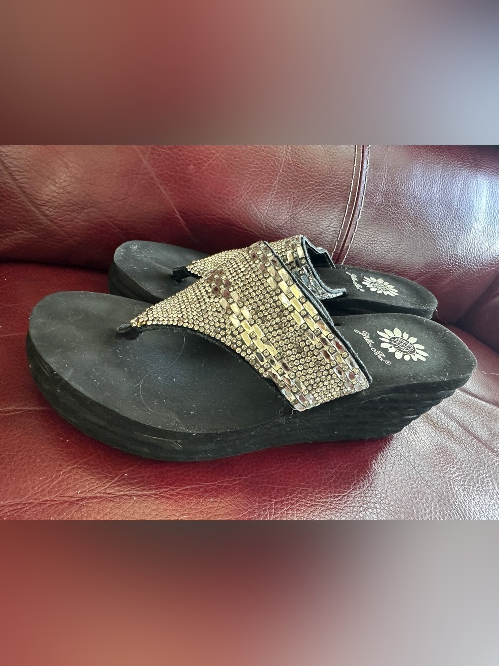 Yellow Box Black Wedge Thong Sandals with Gold Rhinestone Strap